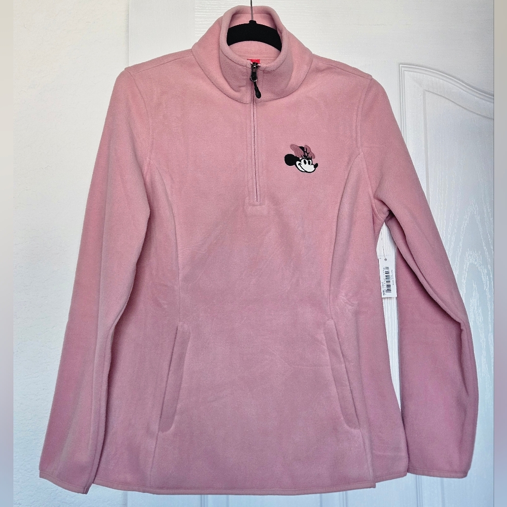 Disney Minnie Mouse Womens Quarter Zip Sweater Pink New Athleisure